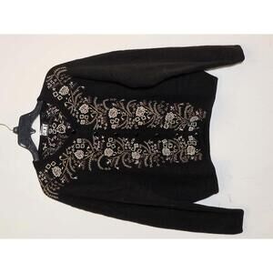 DKNY 100% Wool Sweater Cardigan Embroidered beads Floral Button Y2K Large